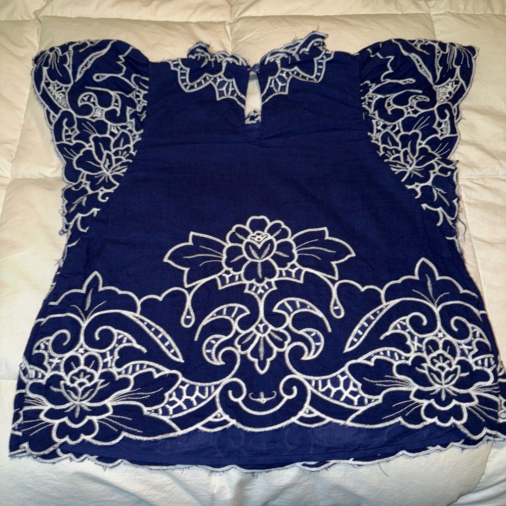 Anthropologie Royal Blue and White Embroidered Blouse - Picture 4 of 5